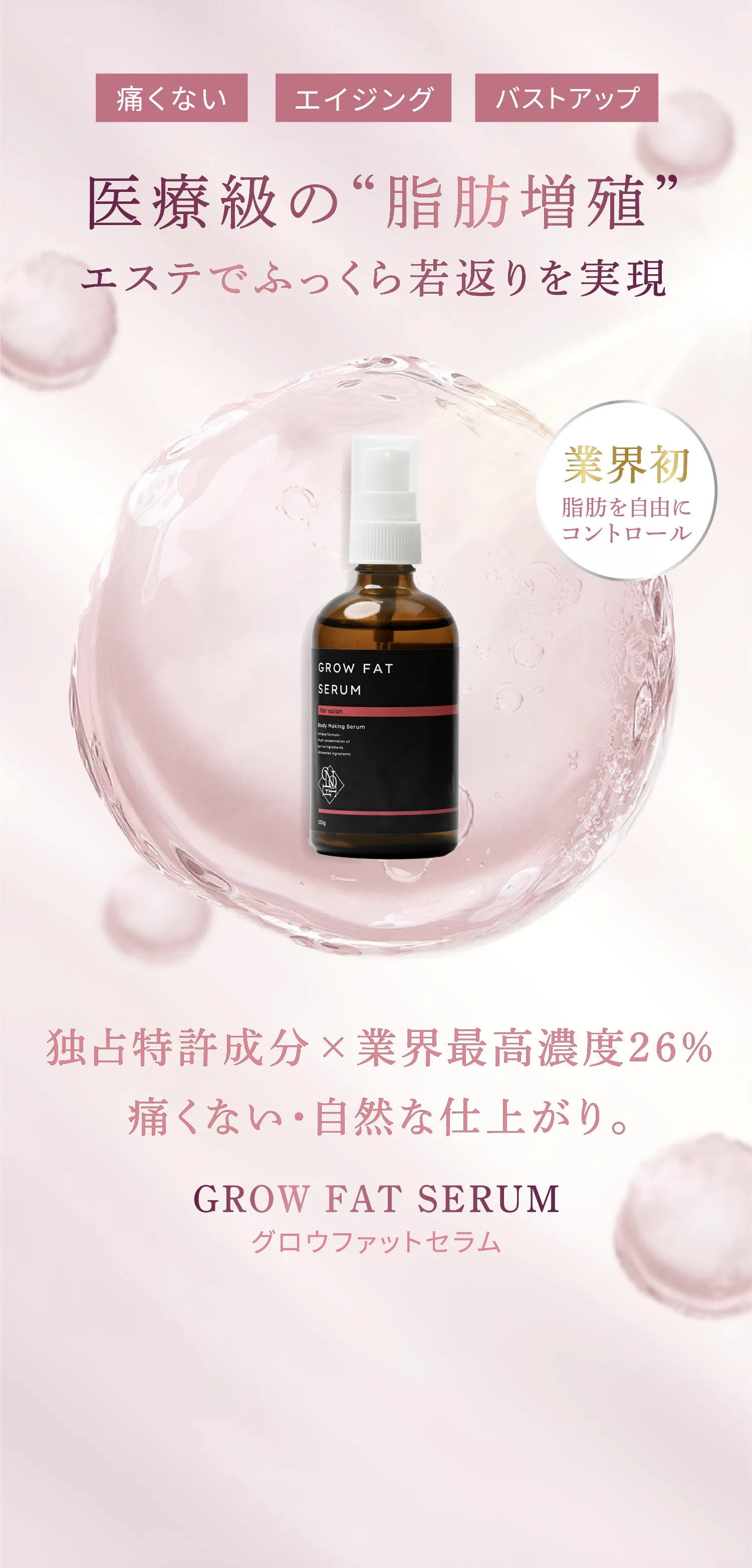 医療級の脂肪増殖をうたう美容液「GROW FAT SERUM」。痛くない施術でエイジングやバストアップを訴求する商品ビジュアル
